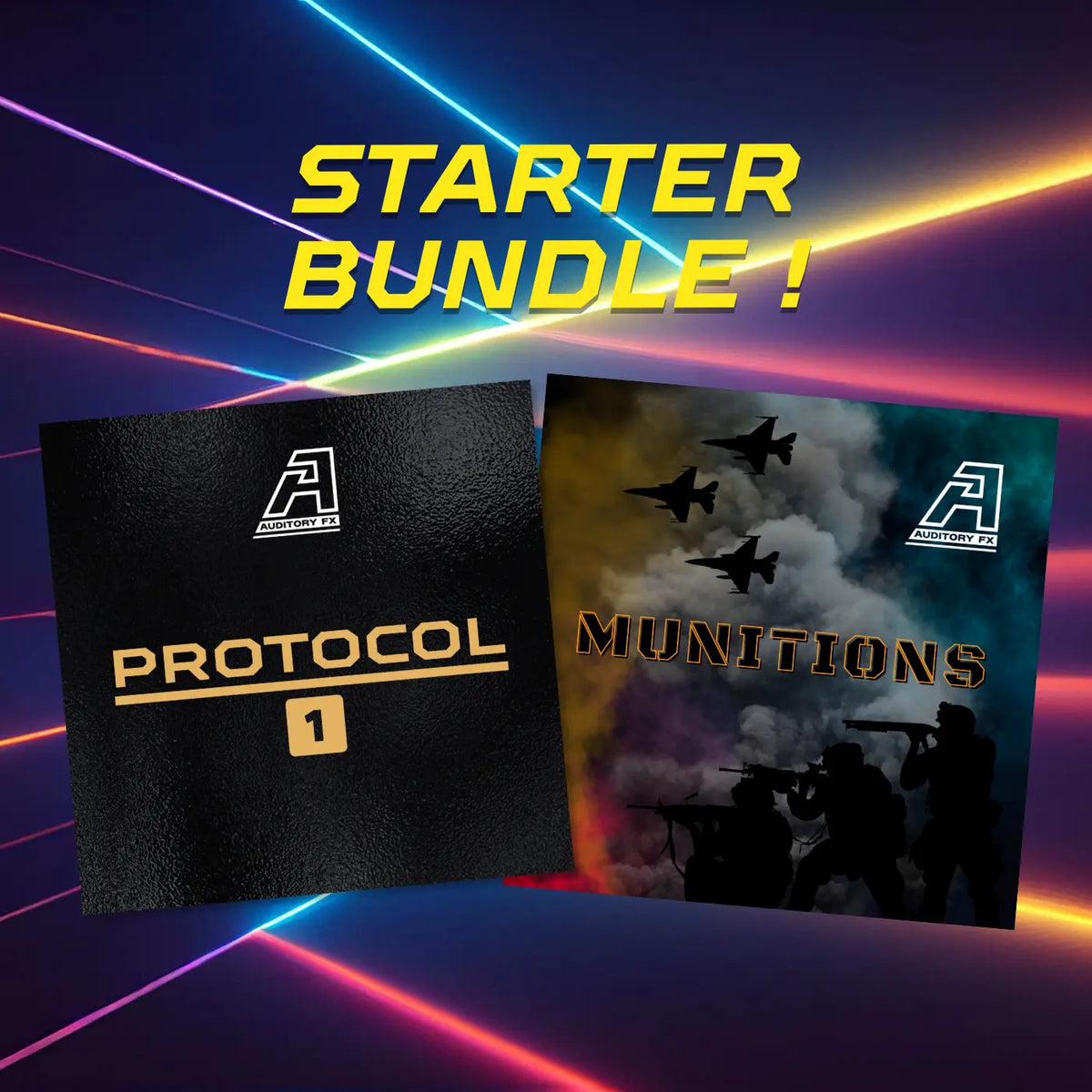 A promotional graphic for a starter bundle featuring two square cover designs: a black textured cover labeled 'PROTOCOL 1' and a multicolored cover labeled 'MUNITIONS' with silhouettes of soldiers and jets. Large yellow text at the top reads 'STARTER BUNDLE!'.