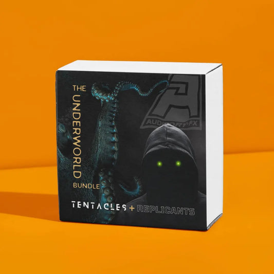 A boxed audio bundle product standing upright on an orange studio background. The package is predominantly black with white side panels and printed artwork showing a dark hooded figure with glowing green eyes, blue tentacles, and the text 'THE UNDERWORLD BUNDLE TENTACLES + REPLICANTS.