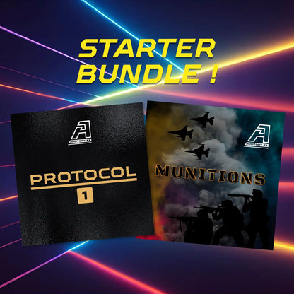 A promotional graphic for a starter bundle featuring two square cover designs: a black textured cover labeled 'PROTOCOL 1' and a multicolored cover labeled 'MUNITIONS' with silhouettes of soldiers and jets. Large yellow text at the top reads 'STARTER BUNDLE!'.