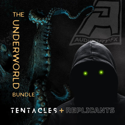 Digital cover art for 'The Underworld Bundle' featuring a dark, shadowy hooded figure with glowing green eyes and a large blue tentacle-like creature on a black background. Text reads 'THE UNDERWORLD BUNDLE' and 'TENTACLES + REPLICANTS'.