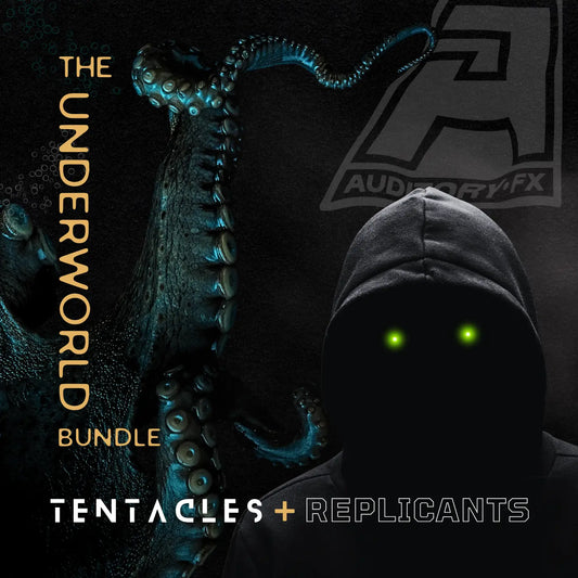 Digital cover art for 'The Underworld Bundle' featuring a dark, shadowy hooded figure with glowing green eyes and a large blue tentacle-like creature on a black background. Text reads 'THE UNDERWORLD BUNDLE' and 'TENTACLES + REPLICANTS'.