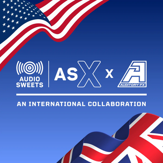 Promotional graphic for an international collaboration between ASX and Auditory FX, with both Audio Sweets and AUDITORY FX logos. The design features a blue gradient background, a waving American flag at the top left, a white central logo section reading 'ASX x AUDITORY FX.