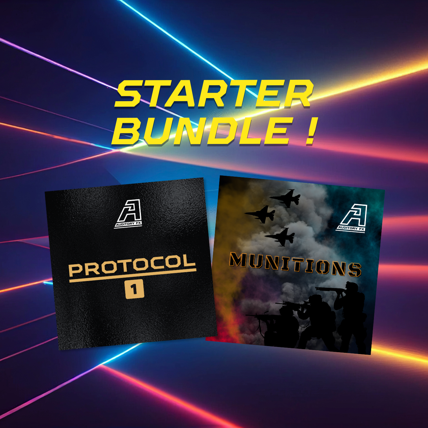 Digital download starter bundle from AUDITORY FX featuring various audio tools and resources in a visually organized layout.